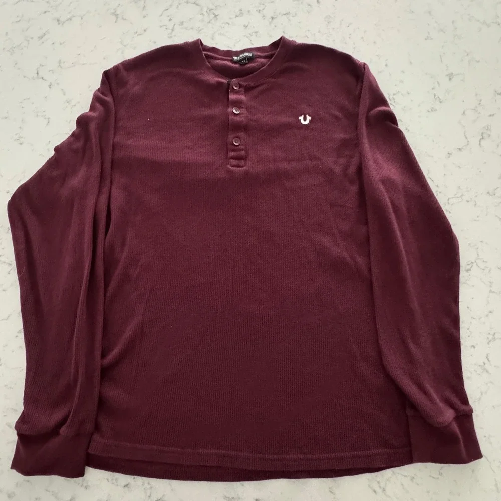 True Religion Henley Shirt Mens 3XL Burgundy Waffle Knit Long Sleeve Logo Top